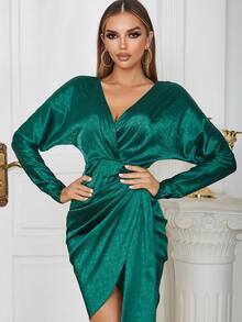 Surplice Neck Draped Detail Satin Dress - Green - View 5