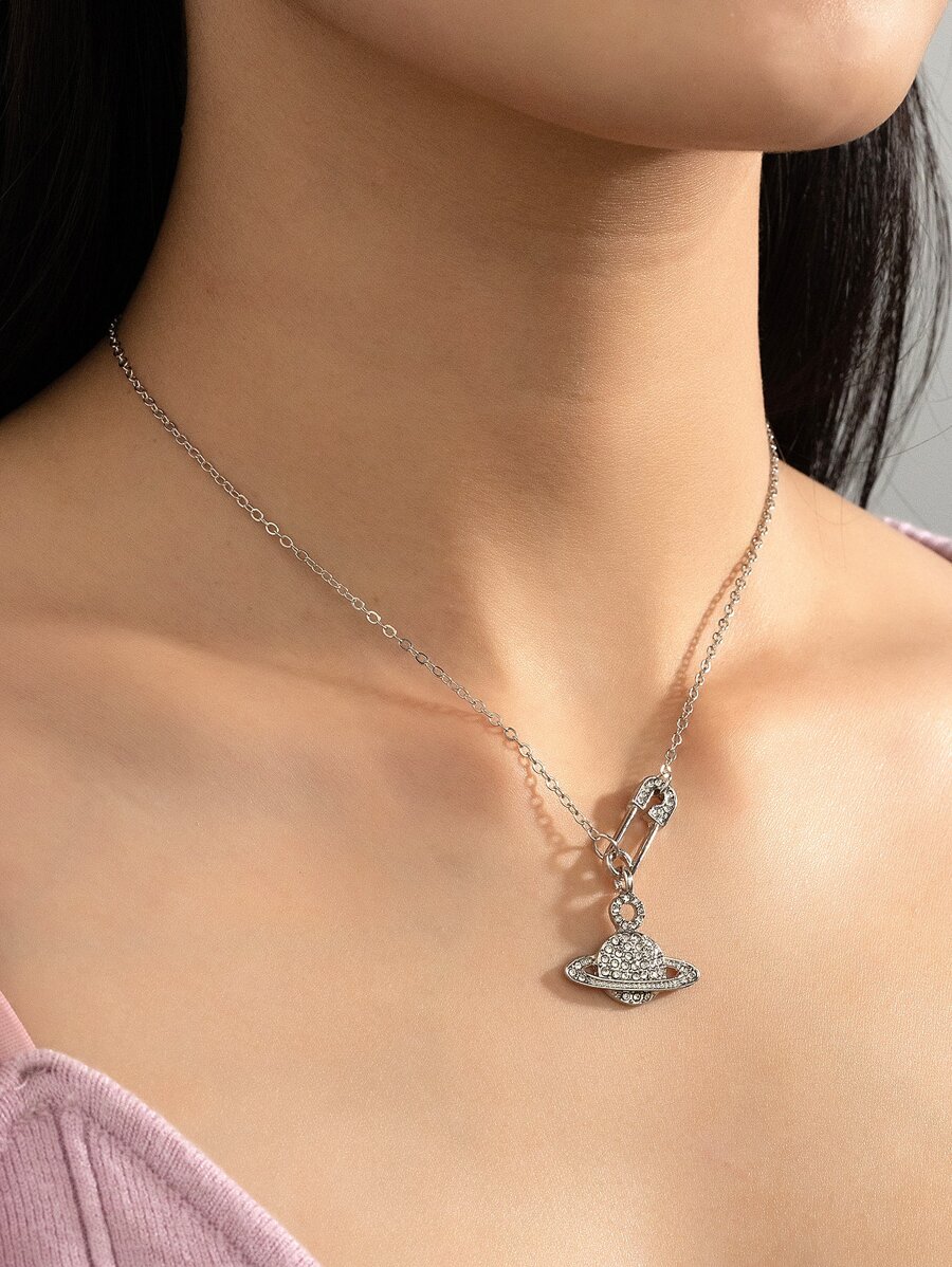 水鑽別針和飛機墜飾項鍊 - 銀色 - 查看 1