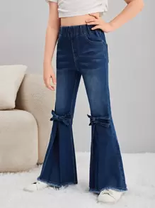 SHEIN Tween Girls Y2K 坏蛋风格复古时尚街头小猫胡须细节流苏下摆蝴蝶结装饰五口袋松紧腰喇叭牛仔裤，百搭时尚牛仔单品，适合全年穿着 - 深色水洗藍 - 查看 7