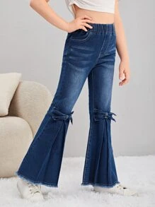 SHEIN Tween Girls Y2K 坏蛋风格复古时尚街头小猫胡须细节流苏下摆蝴蝶结装饰五口袋松紧腰喇叭牛仔裤，百搭时尚牛仔单品，适合全年穿着 - 深色水洗藍 - 查看 1