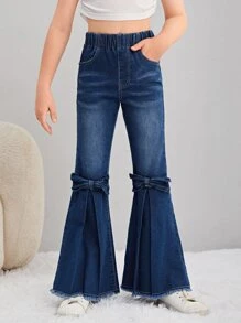 SHEIN Tween Girls Y2K 坏蛋风格复古时尚街头小猫胡须细节流苏下摆蝴蝶结装饰五口袋松紧腰喇叭牛仔裤，百搭时尚牛仔单品，适合全年穿着 - 深色水洗藍 - 查看 5