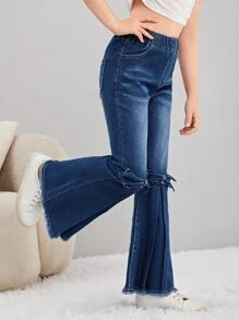 SHEIN Tween Girls Y2K 坏蛋风格复古时尚街头小猫胡须细节流苏下摆蝴蝶结装饰五口袋松紧腰喇叭牛仔裤，百搭时尚牛仔单品，适合全年穿着 - 深色水洗藍 - 查看 6