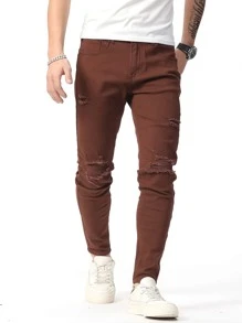 Manfinity Hombres Jeans ajustados desgarro crudo - Café integral - Ver 6