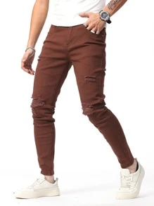 Manfinity Hombres Jeans ajustados desgarro crudo - Café integral - Ver 7