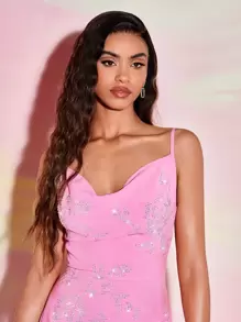 SHEIN BAE Rhinestone Detail Ruffle Hem Cami Dress - Pink - View 3