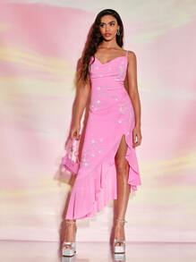 SHEIN BAE Rhinestone Detail Ruffle Hem Cami Dress - Pink - View 4