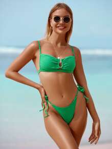 褶皺U形環細節綁帶側面夏季沙灘比基尼套裝 - 綠色 - 查看 3