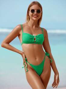 褶皺U形環細節綁帶側面夏季沙灘比基尼套裝 - 綠色 - 查看 4