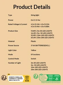 1pc 30/50/100/200 Led Lights 3/5/10/20m 8 Modes Waterproof Battery Box Copper Wire String Lights For Home, Yard, Garden Decoration - Yellow - View 7