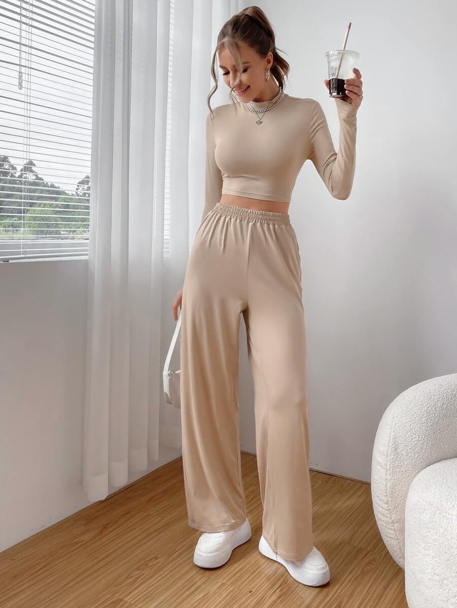 Muchica Solid Crop Tee & Wide Leg Pants - Khaki - View 1