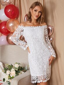Eilly Bazar Off Shoulder Guipure Lace Dress - White - View 3