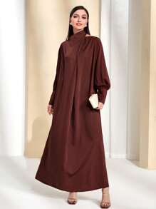 Modelyn Vestido de cuello asimétrico de manga raglán con cordón trasero - Marrón Chocolate - Ver 1