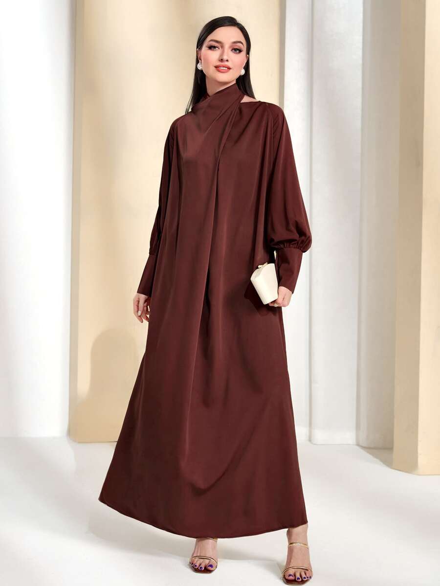 Modelyn Vestido de cuello asimétrico de manga raglán con cordón trasero - Marrón Chocolate - Ver 1