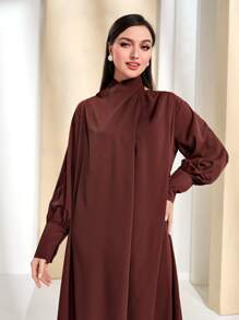 Modelyn Vestido de cuello asimétrico de manga raglán con cordón trasero - Marrón Chocolate - Ver 3