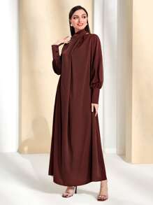 Modelyn Vestido de cuello asimétrico de manga raglán con cordón trasero - Marrón Chocolate - Ver 4