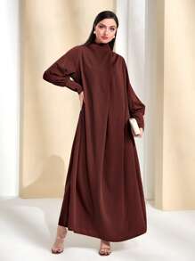 Modelyn Vestido de cuello asimétrico de manga raglán con cordón trasero - Marrón Chocolate - Ver 5