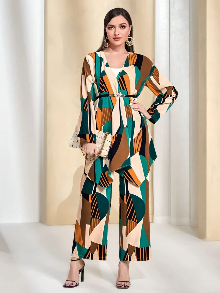 Modelyn Geo Print Asymmetrical Hem Coat & Trousers Without Belt - Multicolor - View 1