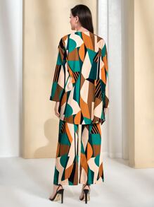 Modelyn Geo Print Asymmetrical Hem Coat & Trousers Without Belt - Multicolor - View 2