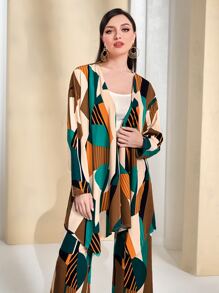 Modelyn Geo Print Asymmetrical Hem Coat & Trousers Without Belt - Multicolor - View 3