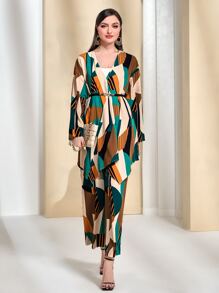 Modelyn Geo Print Asymmetrical Hem Coat & Trousers Without Belt - Multicolor - View 4