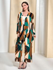 Modelyn Geo Print Asymmetrical Hem Coat & Trousers Without Belt - Multicolor - View 5