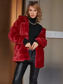 Eilly Bazar Open Front Fuzzy Coat - Red - View 1