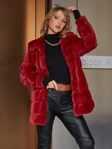 Eilly Bazar Open Front Fuzzy Coat - Red - View 6