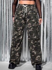SHEIN Plus Camo Print Drawstring Waist Cargo Jeans - Multicolor - View 4