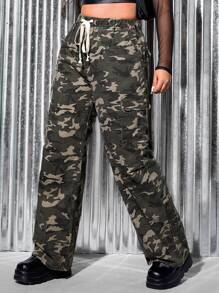 SHEIN Plus Camo Print Drawstring Waist Cargo Jeans - Multicolor - View 5