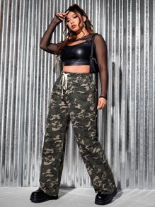 SHEIN Plus Camo Print Drawstring Waist Cargo Jeans - Multicolor - View 6