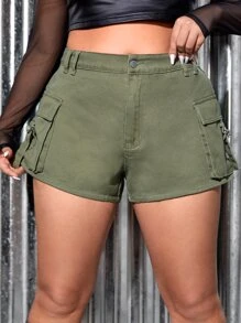 SHEIN ICON Quần short denim oversized Nút Túi Dây kéo màu trơn - xanh quân đội - Xem 1