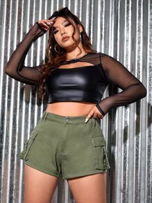 SHEIN ICON Quần short denim oversized Nút Túi Dây kéo màu trơn - xanh quân đội - Xem 6