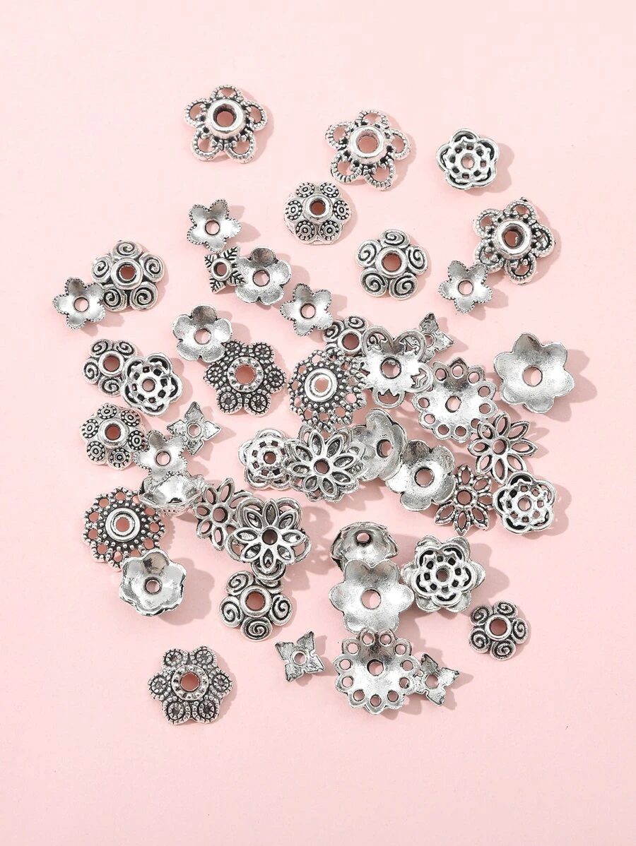 50 chiếc mũ hạt thiết kế hoa để làm đồ trang sức - Bạc - Xem 1