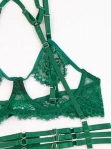 Floral Lace Underwire Garter Lingerie Set - Dark Green - View 3