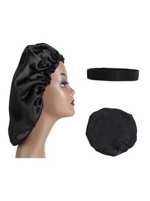 2pcs Satin Wig Sleeping Bonnet & Headband Set - Black - View 7