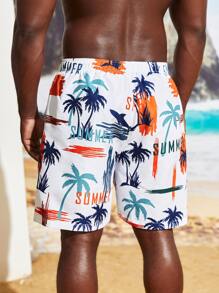 Manfinity Men Coconut Tree & Letter Graphic Drawstring Waist Swim Trunks - Multicolor - View 2