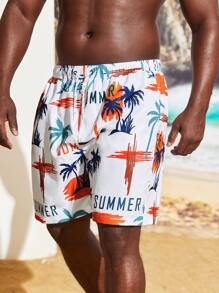 Manfinity Men Coconut Tree & Letter Graphic Drawstring Waist Swim Trunks - Multicolor - View 4