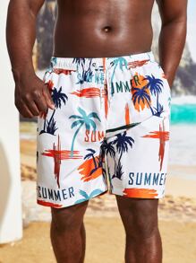 Manfinity Men Coconut Tree & Letter Graphic Drawstring Waist Swim Trunks - Multicolor - View 5