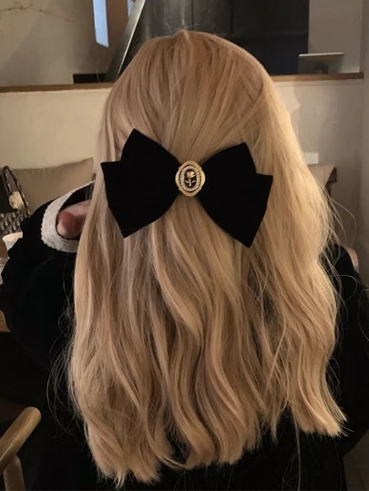 1个女士黑色玫瑰丝绒蝴蝶结发夹爪，适合日常发型、服装搭配和配饰，优雅的情人节发夹爪，发卡，学生用品，大学，女士冬季服装，蝴蝶结，可爱，发饰，头饰