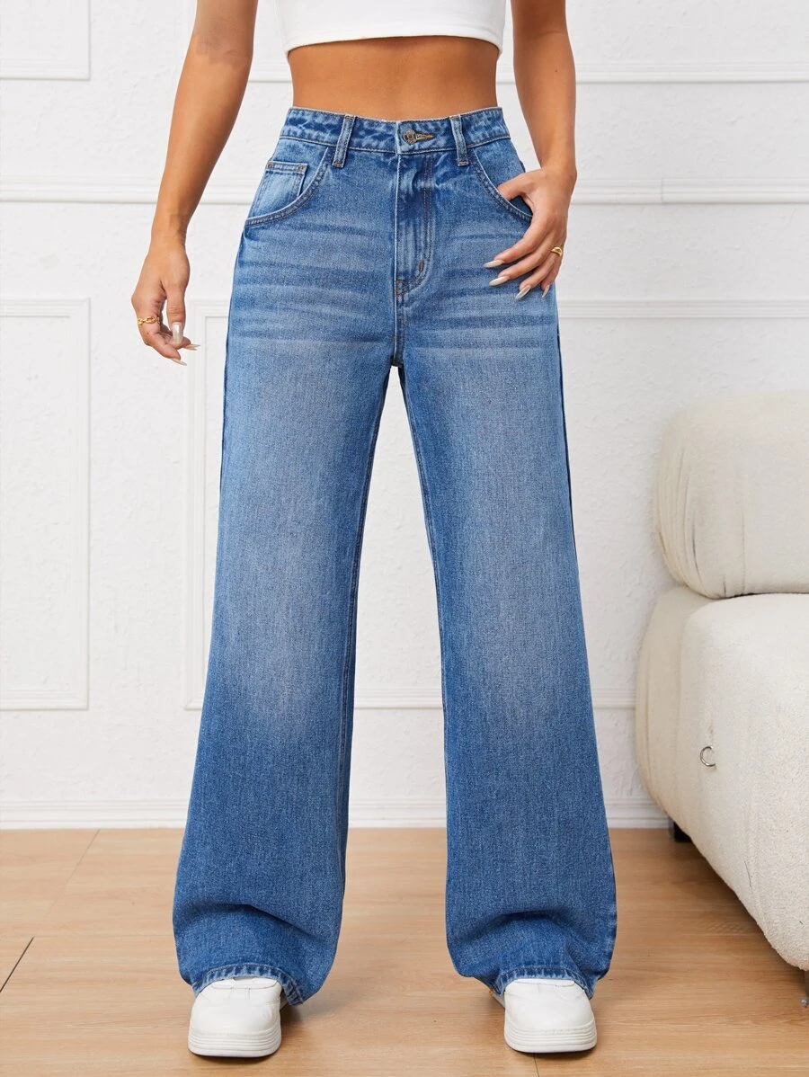 Solid Cat Whisker Wide Leg Jeans - Medium Wash - View 1