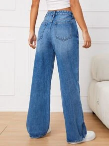 Solid Cat Whisker Wide Leg Jeans - Medium Wash - View 2