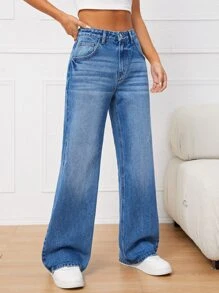 Solid Cat Whisker Wide Leg Jeans - Medium Wash - View 3