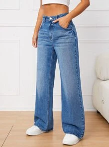 Solid Cat Whisker Wide Leg Jeans - Medium Wash - View 5