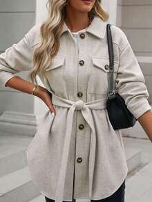 BTFBM Áo khoác ngoài nữ Thắt lưng Túi Nút phía trước màu trơn Giải trí - Màu Xám nhạt - Xem 4