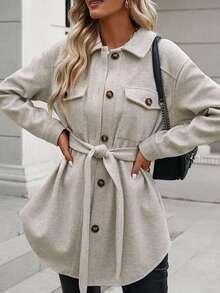 BTFBM Áo khoác ngoài nữ Thắt lưng Túi Nút phía trước màu trơn Giải trí - Màu Xám nhạt - Xem 5