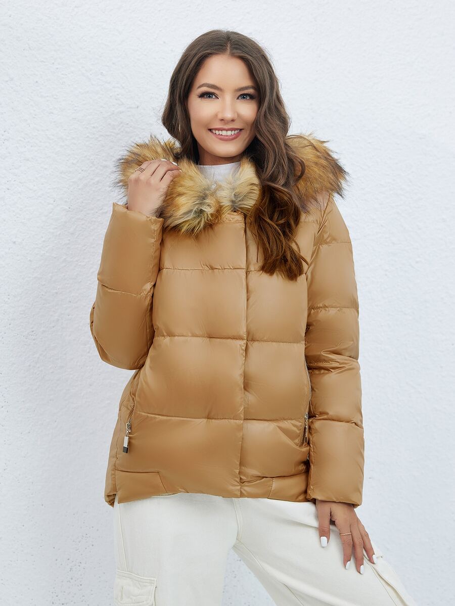 Fuzzy Hooded Padded Coat For Winter - Camel - View 1