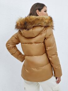 Fuzzy Hooded Padded Coat For Winter - Camel - View 2
