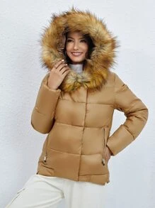 Fuzzy Hooded Padded Coat For Winter - Camel - View 3
