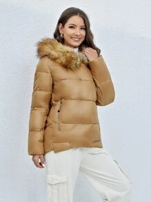 Fuzzy Hooded Padded Coat For Winter - Camel - View 5