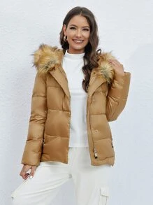 Fuzzy Hooded Padded Coat For Winter - Camel - View 6